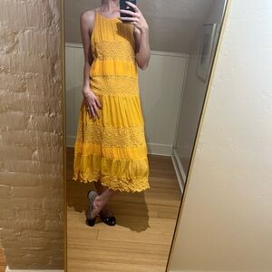 Anthropologie HD in Paris Mustard Lace Midi Dress